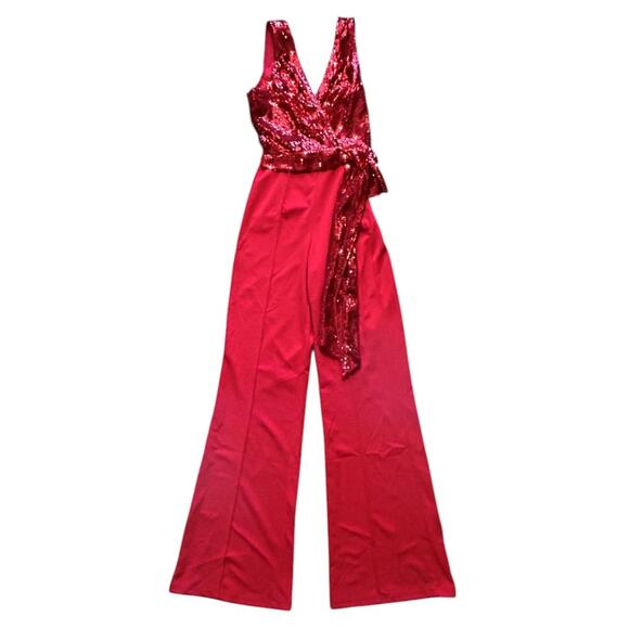 Fashion Nova Party Goer Red Sequin Side Bow Wide Leg Jumpsuit Small - Picture 2 of 8